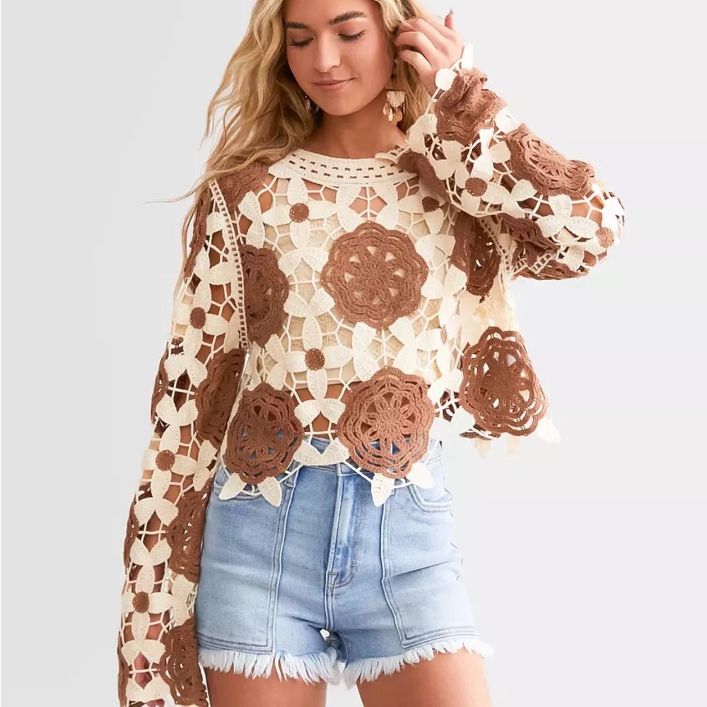 Rebellion Crochet Top in Cream and Brownish Red